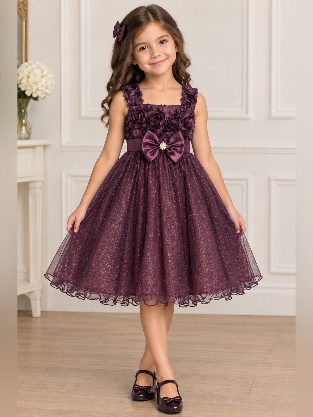 Bonnie Jean Plum Floral Applique Tulle Party Dress